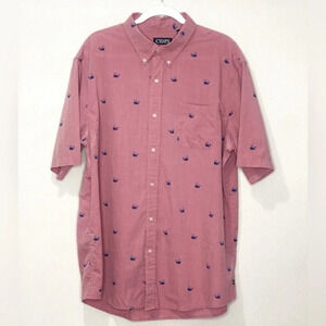 Chaps Salmon Pink Navy Whale Print‎ Button Down Short Sleeve Shirt Size XXL